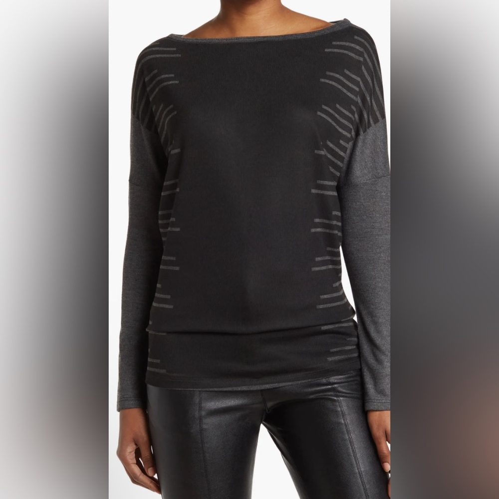 Go Couture Printed Boatneck Sweater Women’s Sz M Black Dye 1 Retail’s $148